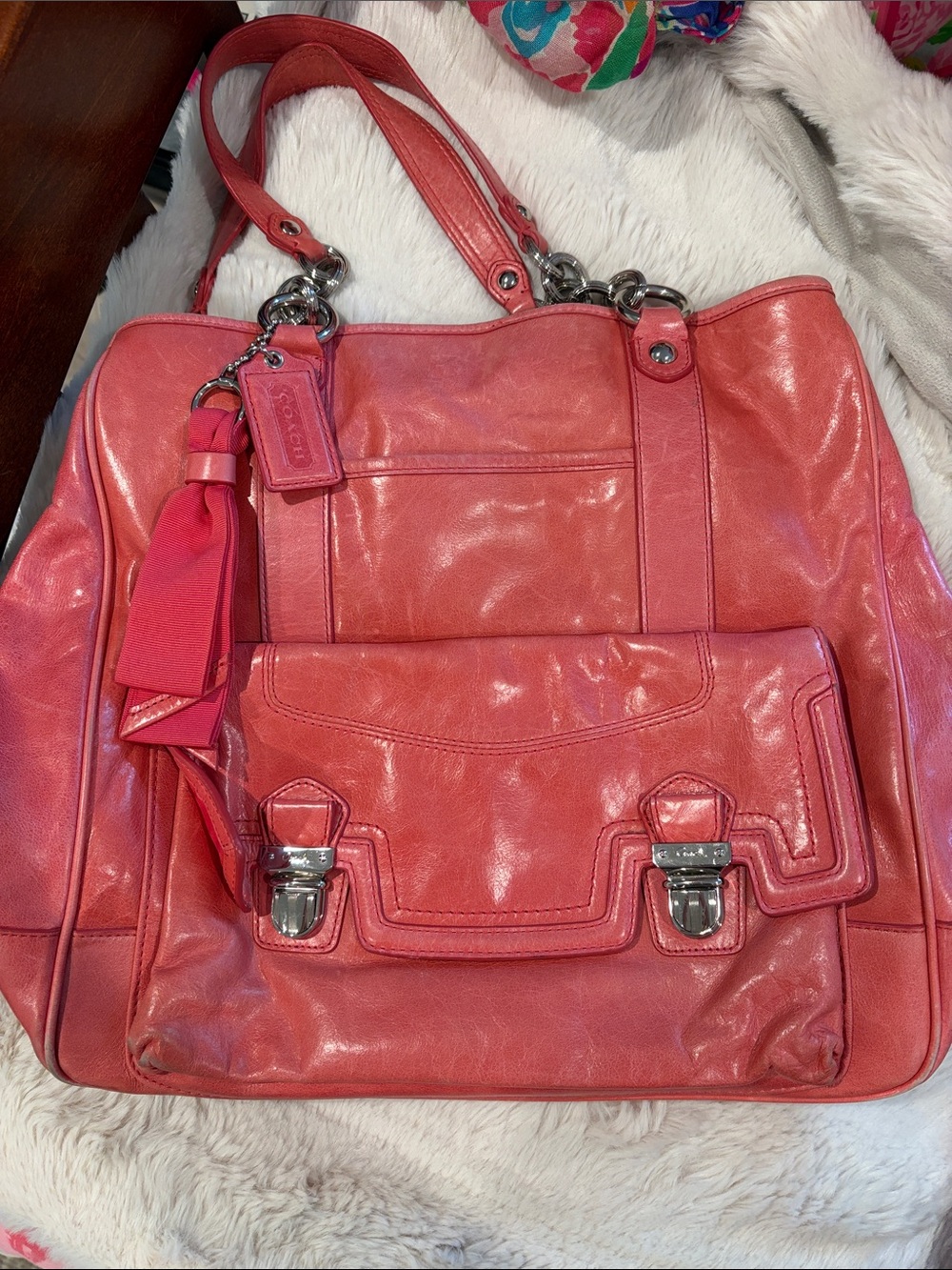 Coach Coral Pink Leather Tote with Front Flap Pocket and Tassel Charm